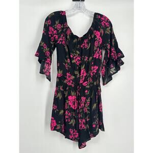 Express Women's Romper Size M Black and Pink Floral Ruffle Sleeve Boho Tie Waist